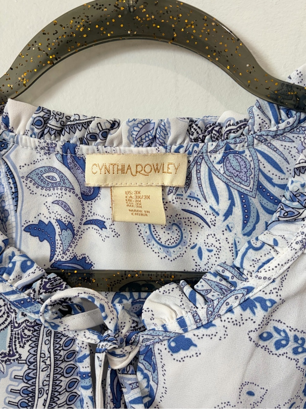 Cynthia Rowley Blue Paisley Ruffle Neck Boho Blouse - Size 3X - Picture 3 of 4